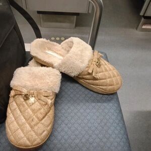 Michael Kors Metallic Gold Quilted Slip-On Slippers with Cream Faux Fur